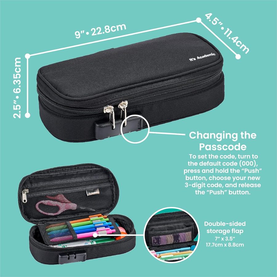 It's Academic Locking Pencil Case, Black, angle 5
