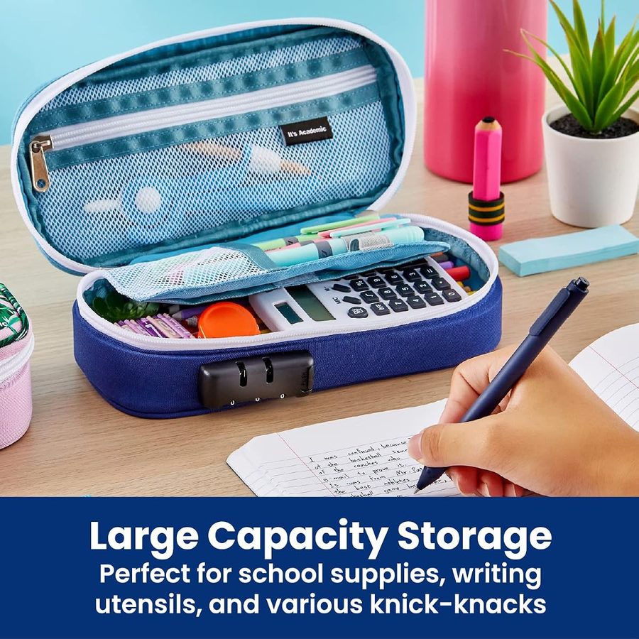 It's Academic Locking Pencil Case, Blue, angle 3