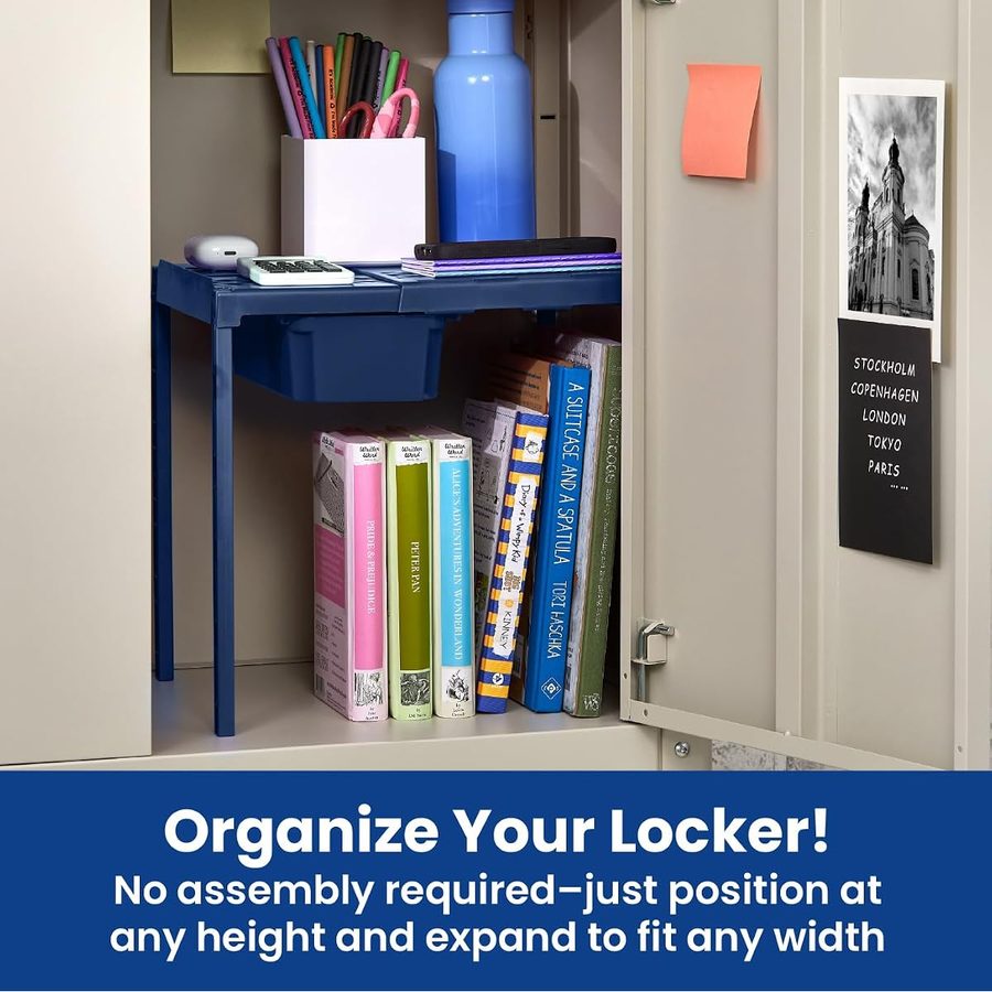 LockerMate Adjust-A-Shelf Locker Shelf with Storage Drawer, Blue, angle 2