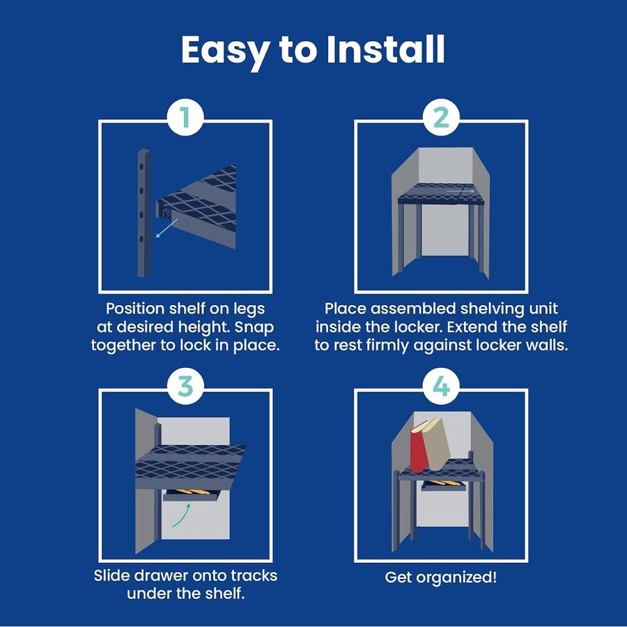 LockerMate Adjust-A-Shelf Locker Shelf with Storage Drawer, Blue, angle 5