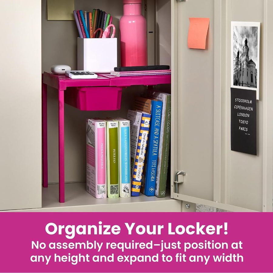LockerMate Adjust-A-Shelf Locker Shelf with Storage Drawer, Pink, angle 2