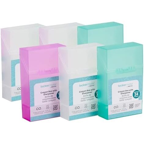 LockerMate Crayon Box with Sharpener, Clear, Purple and Mint, Pack of 6
