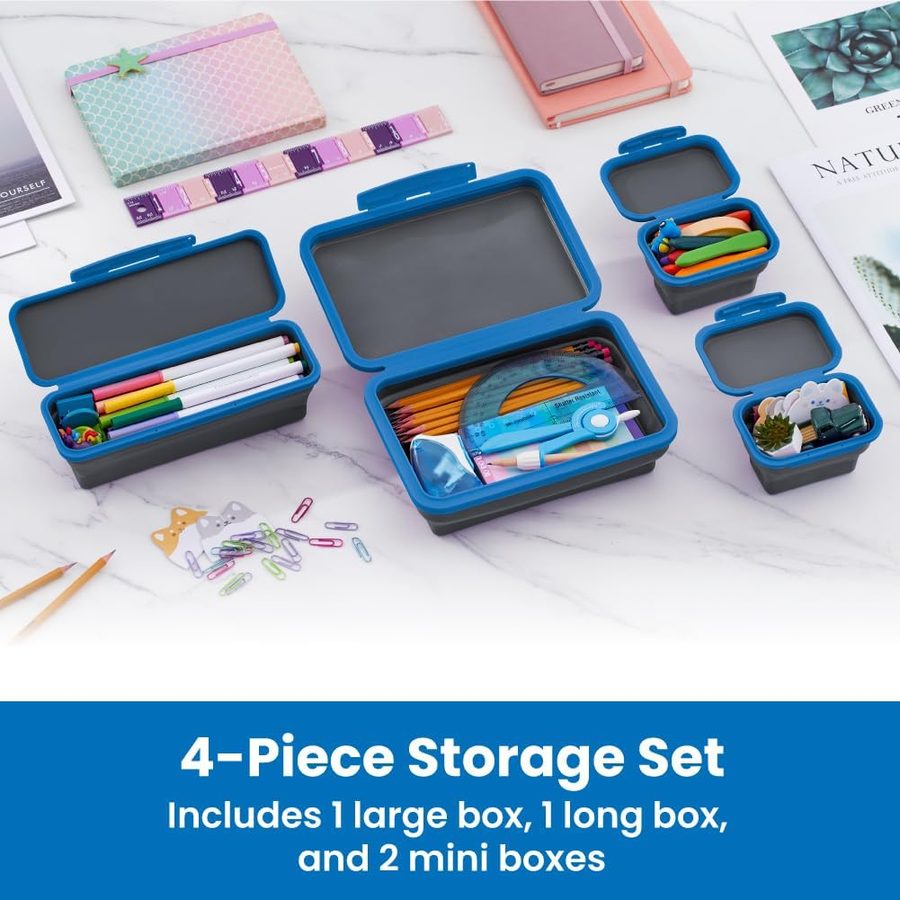 LockerMate by Bostitch Flexi Storage Box 4-Piece Kit, Gray and Blue, angle 2