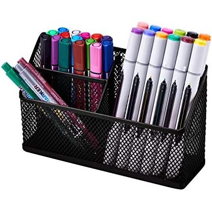 LockerMate Magnetic Pencil Holder with 3 Mesh Compartments, Black